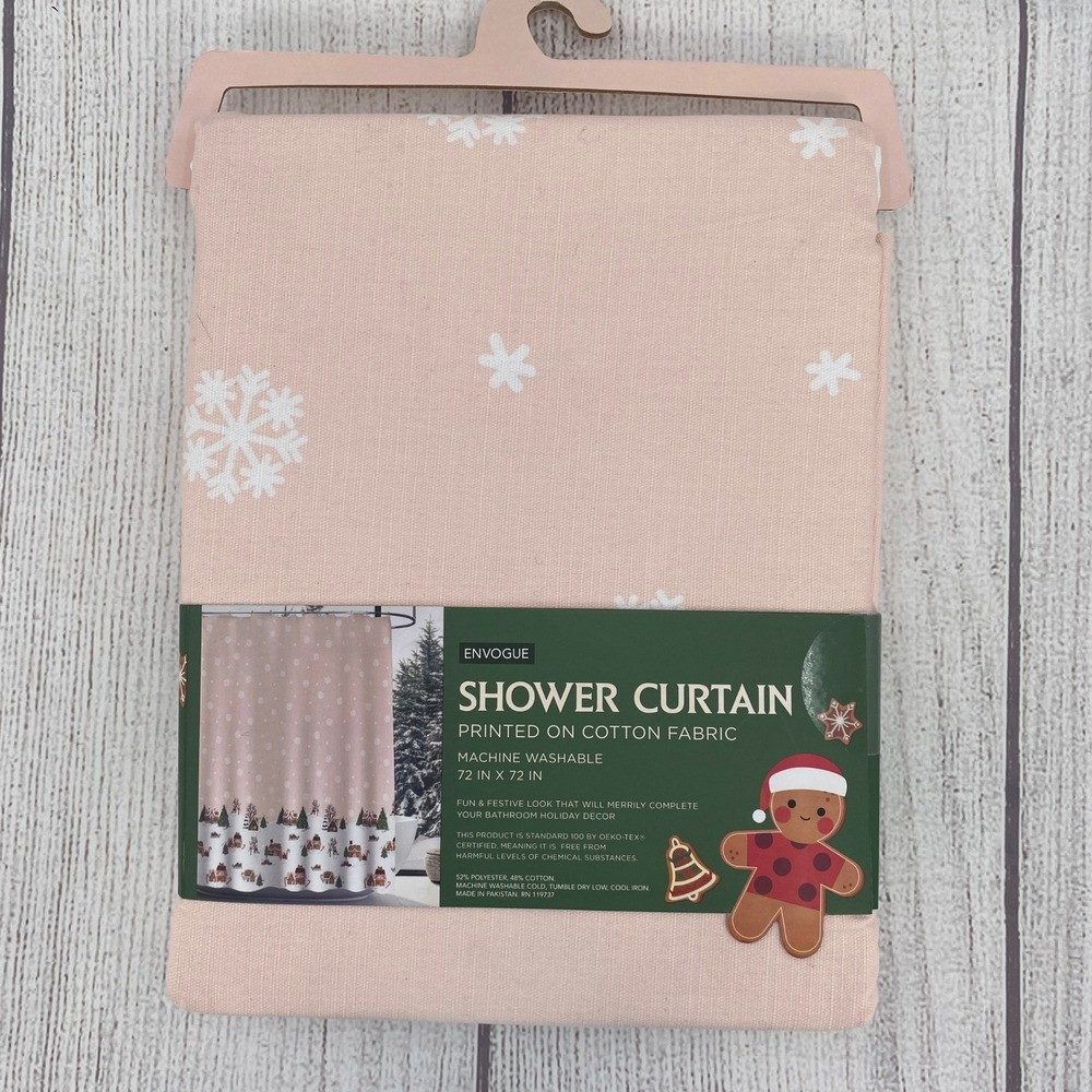 EnVogue Shower Curtain Pink Gingerbread Village Snowflake Holiday Christmas